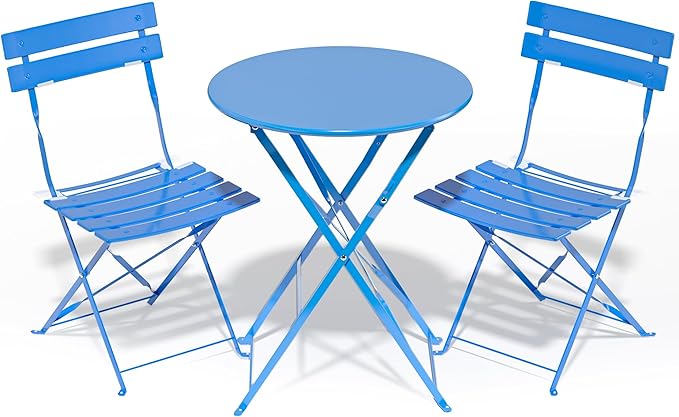 3 Piece Bistro Set, Folding Patio Furniture Set, Outdoor Table and Chairs Set for Patio, Garden, Balcony and Poolside, Blue