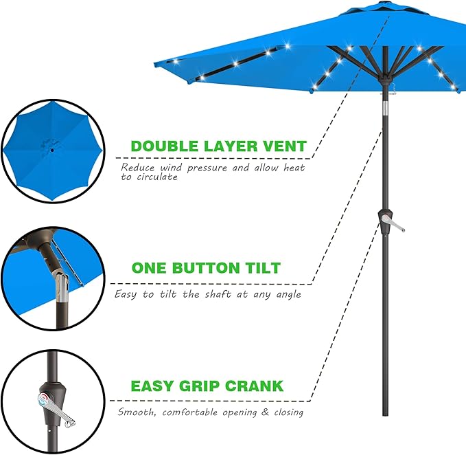 AreShark 9FT Solar Umbrella 32 LED Lighted Patio Umbrella Table Market Umbrella w/Tilt and Crank Outdoor Umbrellas for Garden, Deck, Backyard, Pool and Beach, Deep Blue