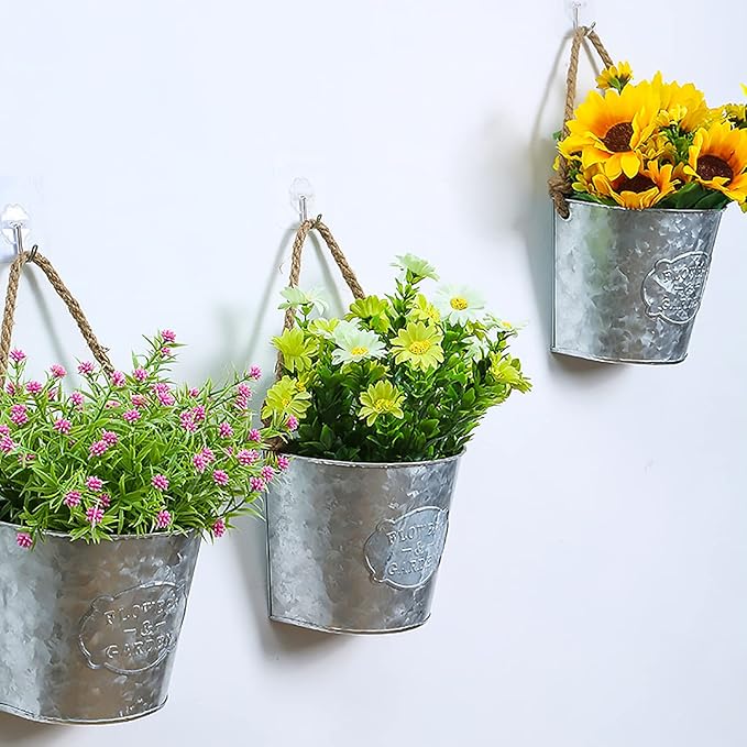 XONOR 4Pcs Galvanized Metal Hanging Wall Planter, Rustic Wall Flower Vase for Succulents Herbs Country Home Farmhouse Wall Decoration (1)