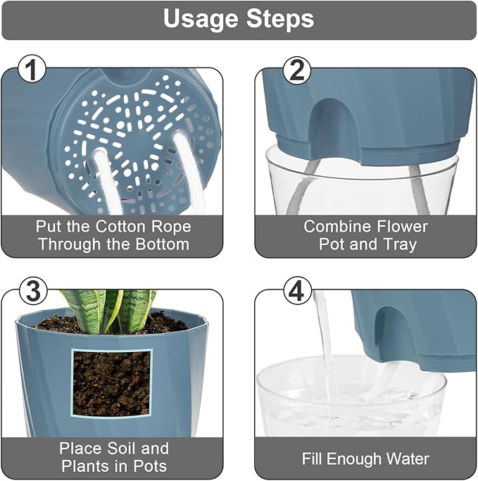 KIMCHOMERSE Self Watering Plant Pots, 4.7 Inch Plant Pots 6-Pack Indoor Planter Pots with Drainage Holes and Tray for Home Decor(2White, 2Pink, 2Blue)