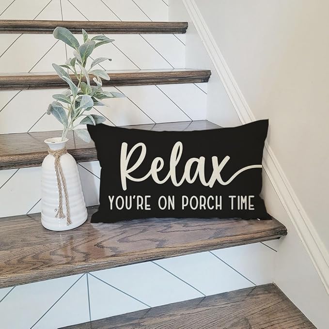 PANDICORN Decorative Throw Pillow Covers 12x20 Inch Relax Porch Time Black Outdoor Rustic Farmhouse Lumbar Decorative Throw Pillows Cases Cushion Covers Decorations for Front Porch Couch Sofa Decor