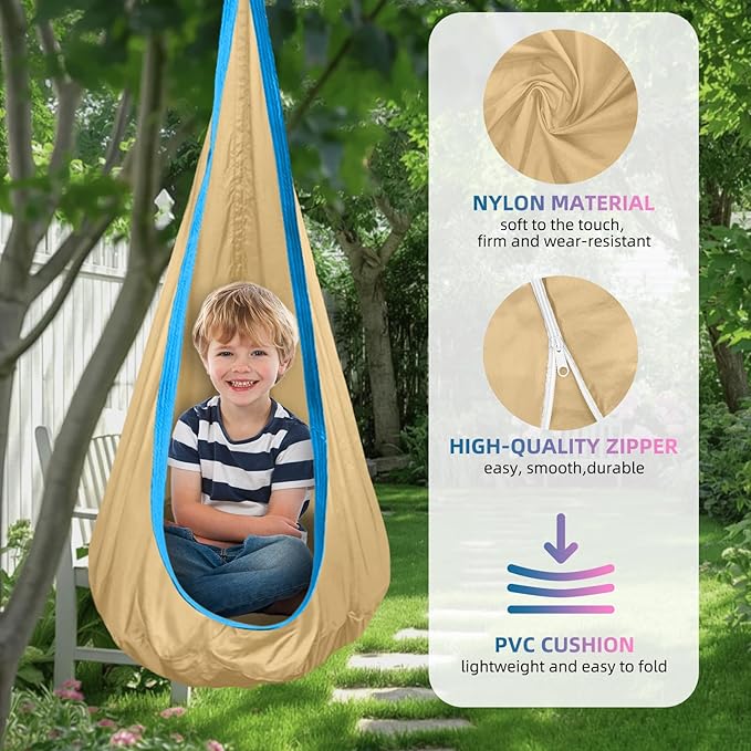 Kids Swing Seat Hammock Chair Indoor Outdoor Hanging Chair for Children,Soft & Safe with High Weight Capacity, Easy Install Perfect for Bedroom, Garden, Playroom (Khaki)