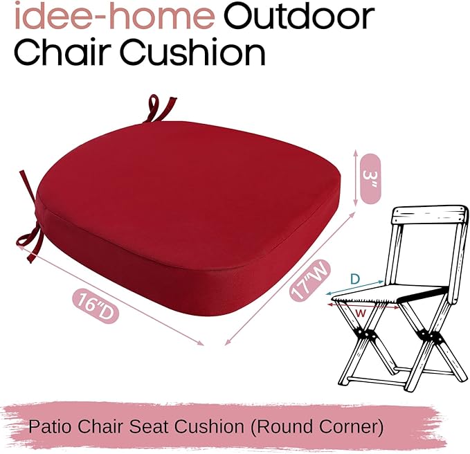 idee-home Outdoor Chair Cushions Set of 2, 19" x 19" x 3" Thick D-Shaped Patio Furniture Outdoor Seat Cushions Waterproof with Ties, Dining Pads