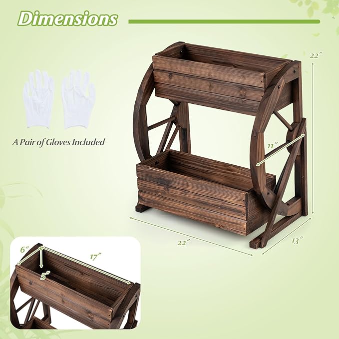 Giantex Wooden Wagon Planter Box, 2-Tier Garden Planter with Drainage Holes for Flowers Herbs Vegetables, Indoor Outdoor Decorative Planter Container for Patio Garden Balcony (2)