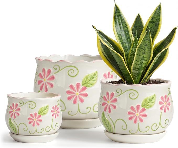 Pink Ceramic Flower Pots, 4"+5.2"+6.6" Inch Small Flower Pots for Indoor Plant with Drainage Hole,Modern Decorative Plant Pots Set of 3, Indoor Planters with Saucer
