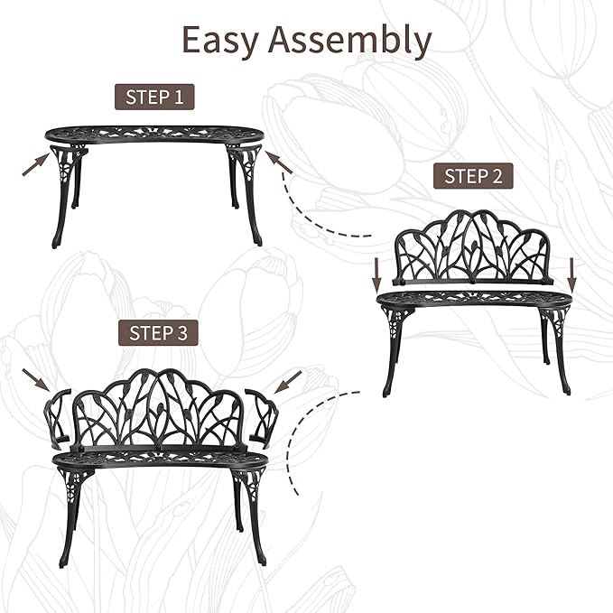HOMEFUN Outdoor Bench, Patio Garden Benches Metal Loveseat Cast-Aluminum Outside Furniture for Park Lawn Front Porch Black