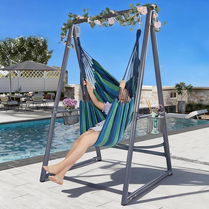 Hammock Chair Hanging Rope Swing & Stand Set with Two Holders, Heavy Duty Hanging Stand with Three Hooks, Multi-Use for Indoor Outdoor Patio Yard Garden(Grey & Blue)