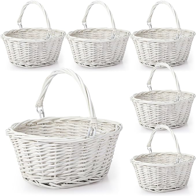 Barydat 6 Pcs Small Wicker Picnic Basket with Handle Flower Girl Baskets Oval Willow Woven Braided Gift Basket for Easter Weddings Baby Shower Home Garden Decor (White,9" x 7" x 4")