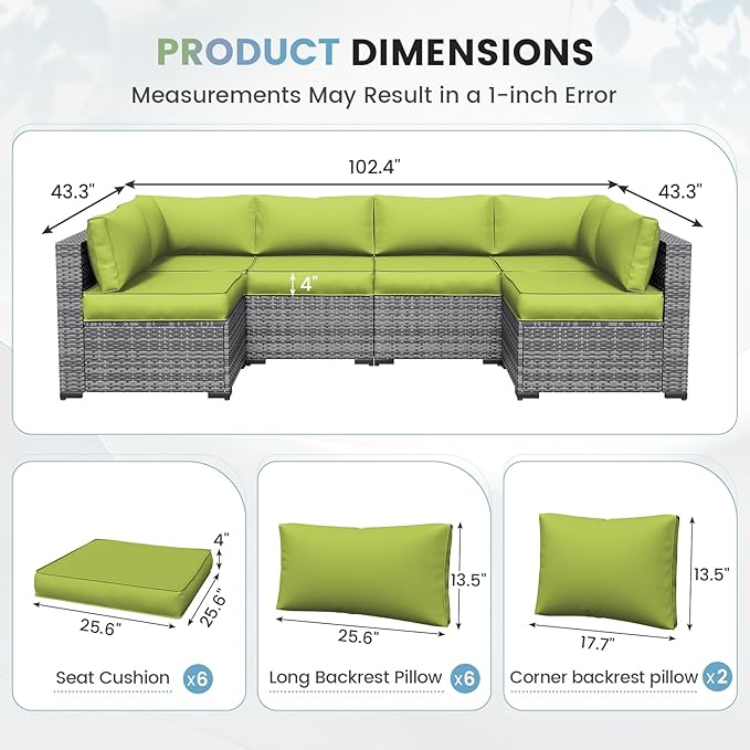 UDPATIO Outdoor Replacement Cushions for Patio Furniture, Water-Resistant Patio Cushion, 14-Piece Outdoor Couch Cushions for 6-Seat Sectional Conversation Sets (Green)