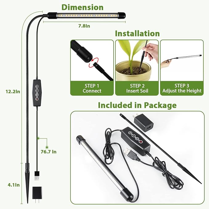 Juhefa Grow Light for Indoor Plants Growing, 6000K Full Spectrum Gooseneck Plant Lamp for Seedings Succulents Small Plants, Auto On/Off Timing & 5 Dimming, 3-Pack
