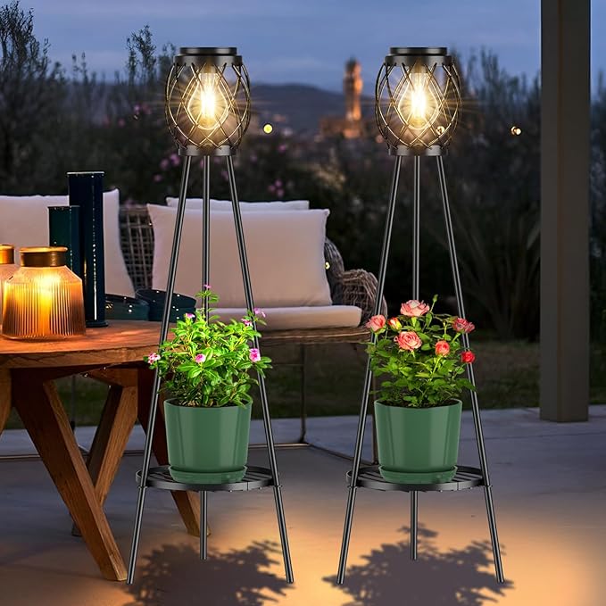 MXwcy 2 Pack Solar Lights Outdoor with LED Edison Bulbs, Vintage Style Solar Floor Lamp with Plant Stands, Weatherproof Garden Lights for Pathway, Patio, Yard, Porch Decor 8-10 Hours Lighting