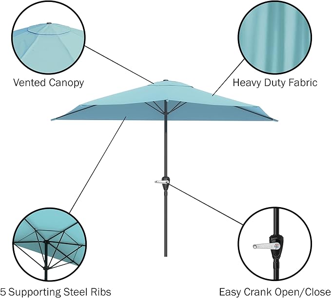 Half Umbrella Outdoor Patio Shade - 9 ft Patio Umbrella with Easy Crank - Small Canopy for Balcony, Table, or Deck by Pure Garden (Blue)