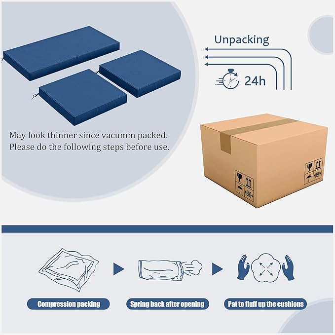 3 Pack Outdoor Replacement Cushions,36L x 18W x 3H,18L x 18W x 3H inch, High-Elastic Replacement Sponge for 4-Seater Water-Resistant Patio/Sofa with Removable Covers (Blue)