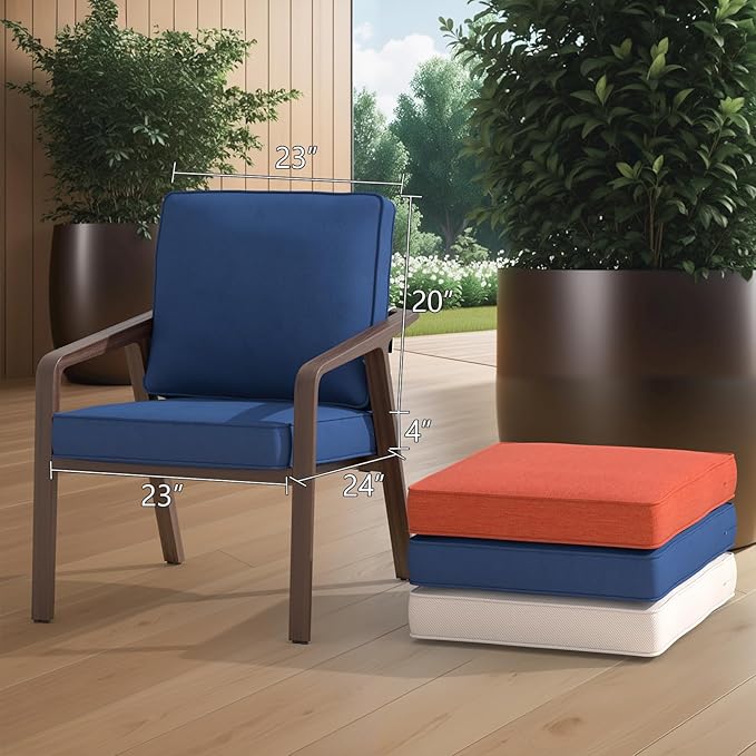 Outdoor Chair Cushions 23" x 24" x 4", Patio Deep Seat Replacement Cushions Set with Zippered Removable Cover, Weather-Resistant Olefin Fabric for Garden Chair Sofa Couch, Blue