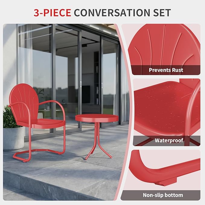 3 Piece Bistro Set, Anti-Rust Table and Chairs Set of 2, Waterproof Retro Metal Chairs for Outdoor Indoor/Porch/Lawn/Balcony(Red)