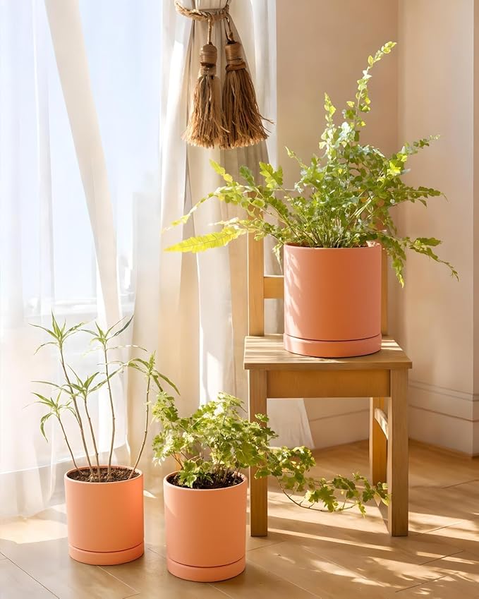 vensovo Terracotta Pots with Drainage and Saucers - 3.5/4.2/5.2/6.0 Inch Clay Planters Set of 4, Round Cylinder Flower Pots for Succulents, Herbs, Indoor Outdoor Plants