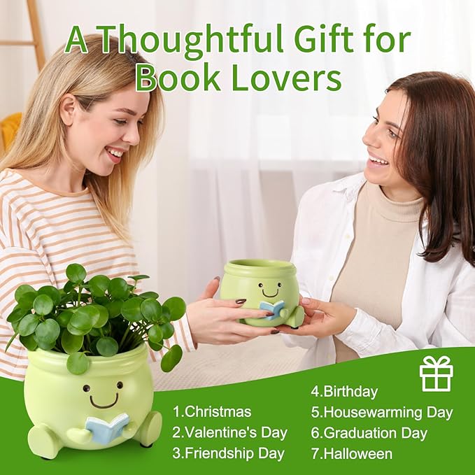 Book Lover Gift Set- Cute Reading Planter Pot with 5 Heart Leather Bookmarks & Quote Card, Cozy Desk Decor and Perfect Gift for Teacher, Librarian, Women, Mom, Friend, Colleague