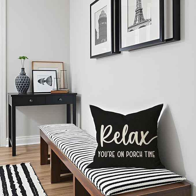 PANDICORN Decorative Throw Pillow Covers 18x18 Inch Relax Porch Time Black Outdoor Rustic Farmhouse Decorative Throw Pillows Cases Cushion Covers Decorations for Front Porch Couch Sofa Decor