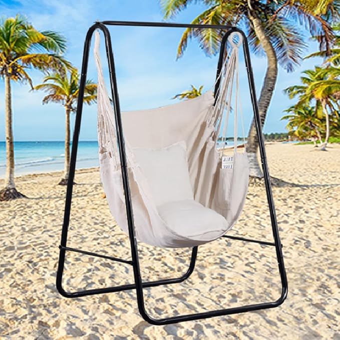 Goutime Hammock Chair, Boho Hanging Rope Ceiling Swing, Macrame Hanging Swinging Chair for Indoor,Outdoor,Bedroom,Outside,Garden,Balcony,Yard,Deck,Max 330 Lbs,Beige