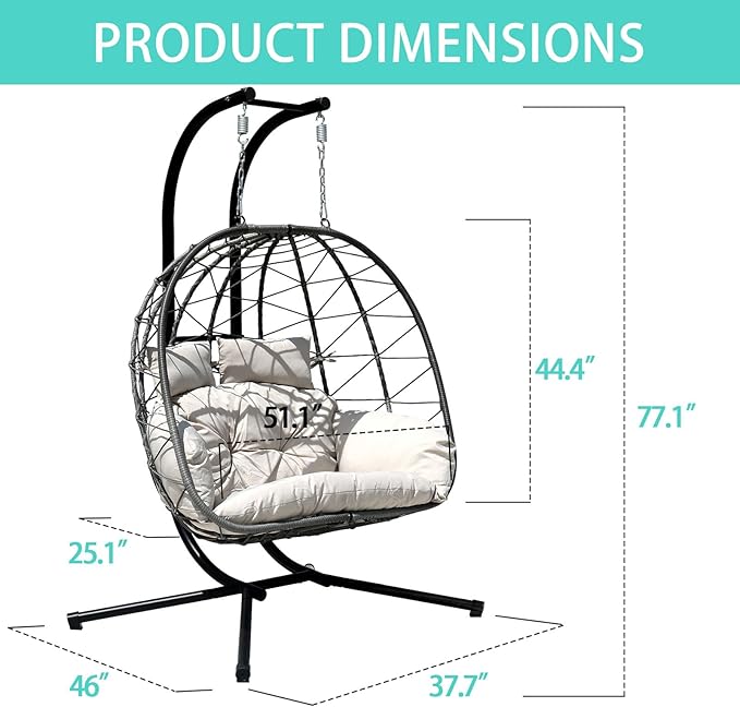 Hanging Egg Chair with Stand Indoor Swinging Chair Outdoor Hammock Egg Chair for Patio, Bedroom, Garden and Balcony (Gray, Large)