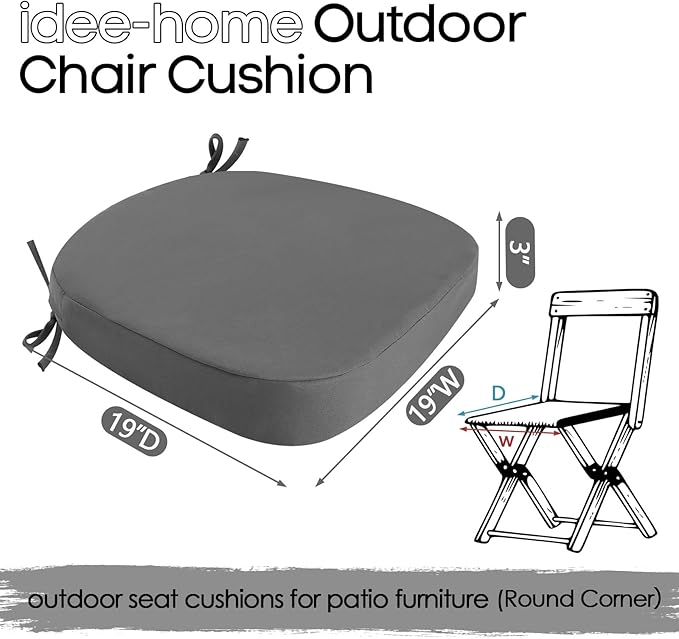 idee-home Outdoor Chair Cushions Set of 4, 19" x 19" x 3" Thick D-Shaped Patio Furniture Outdoor Seat Cushions Waterproof with Ties, Dining Pads