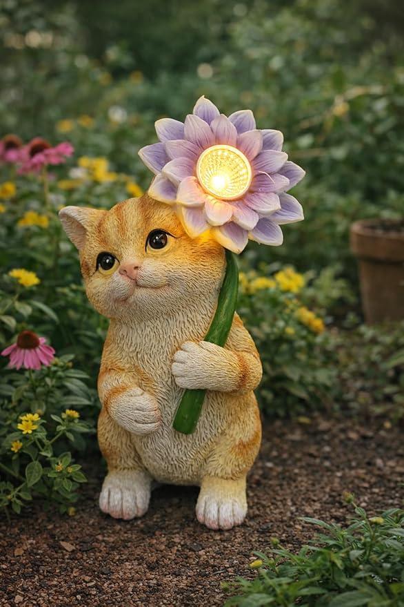 Solar Cat Garden Statue with LED Flower for Mom Woman β 6.5ββ Hand-Painted Resin Outdoor Kitten Figurine, Automatic Night Light, Yard Patio Lawn Decor (Kitten)
