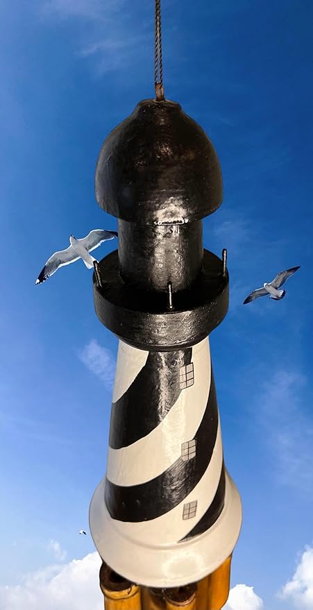 Large Lighthouse Bamboo Windchime – Black and White Light House Topper with Beautiful Chimes – Hanging Outdoor Garden Porch Décor – Deep Relaxing Calming Tones – 43” Overall Length