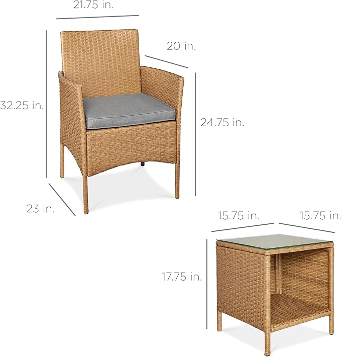 Best Choice Products 3-Piece Outdoor Wicker Conversation Bistro Set, Space Saving Patio Furniture for Garden w/Side Table - Natural/Cement Gray