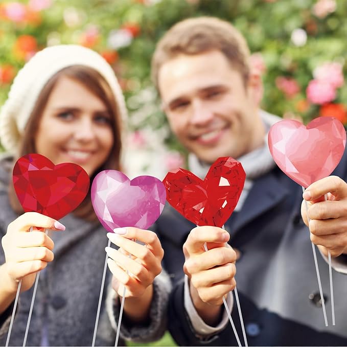 Bucherry 12 Pcs Valentine's Day Diamond Heart Shape Planter Stakes 3D Effect Heart Decorative Garden Yard Stakes Valentines Flower Pots Signs for Home Anniversary Party Outdoor Lawn Decor