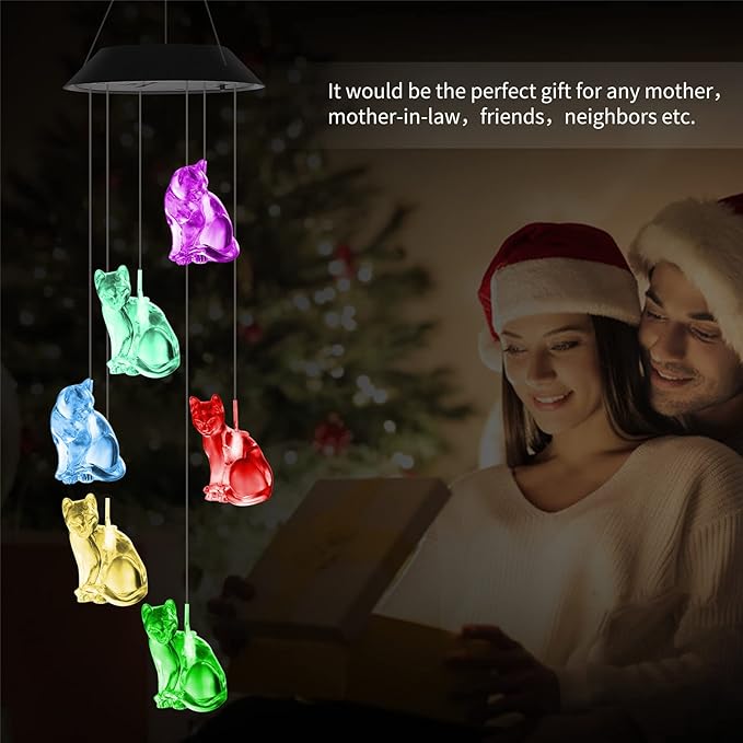 Cat Wind Chimes HiSolar Cat Solar Wind Chime Color Changing Outdoor Gifts fo Mom Grandma Friends Birthday Gifts for Mom, Grandma Gift, Gardening Memorial Wind Chimes