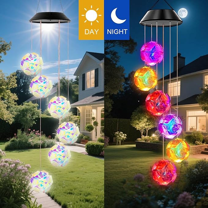Solar Wind Chimes for Outside,Color Changing Colorful Rose Ball Solar Hanging Lights Outdoor,Waterproof Outdoor Solar Powered Lights for Garden Patio Yard Home,Gifts for Mom