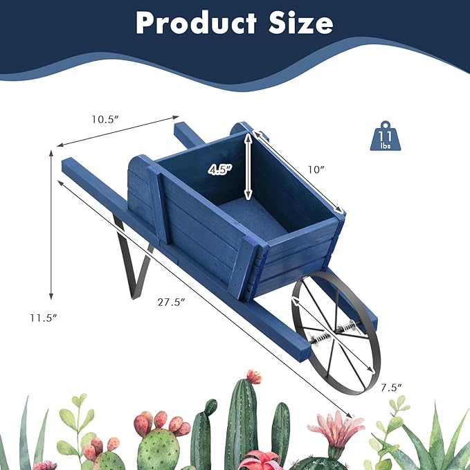 Wooden Wagon Planter, Flower Cart Display Stand w/Metal Wheels & Removable Magnetic Decoration, Wagon Decorative Garden Planter for Plants & Seasonal Displays, Pine Wood (Blue)