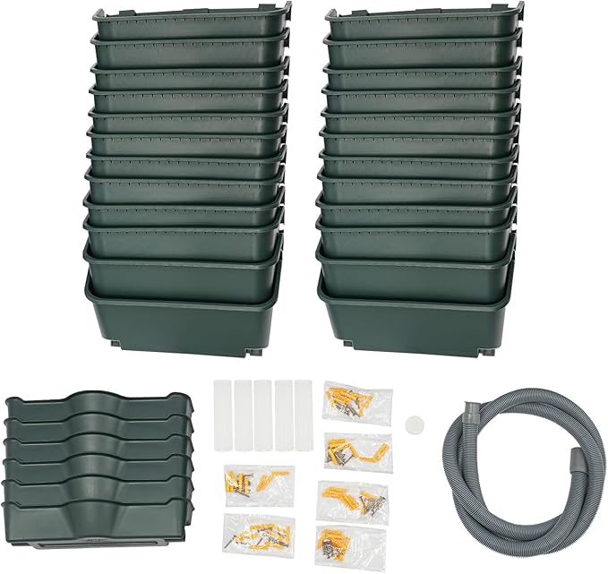 24Pack Vertical Wall Garden Planter, 13 inch Wall-mounted Garden Planters, Stackable Hanging Planter, Plastic Flower Pot with 4 Drainage Tray & 6.56FT Drainage Pipe for Indoor and Outdoor (Green)