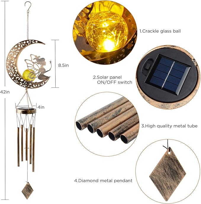 Solar Wind Chimes Moon Fairy Hanging Outdoor Decor Crackle Glass Ball Warm Memorial Wind Chimes Light Patio Lawn Yard Gardening Gift for mom for Grandma Gifts Christmas Decorations