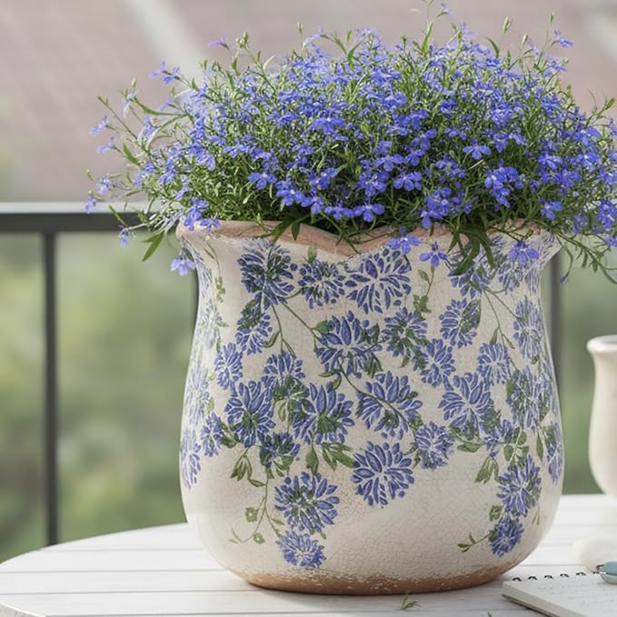 Ceramic Pots for Plants, Vintage Plant Pot with Drainage Hole, 6.11in. Planter for Indoor Plants, Crackle Glaze Finish Flower Pot, Perfect Tuscan Ceramic Planter for Gardening, Antique Blue Meadow