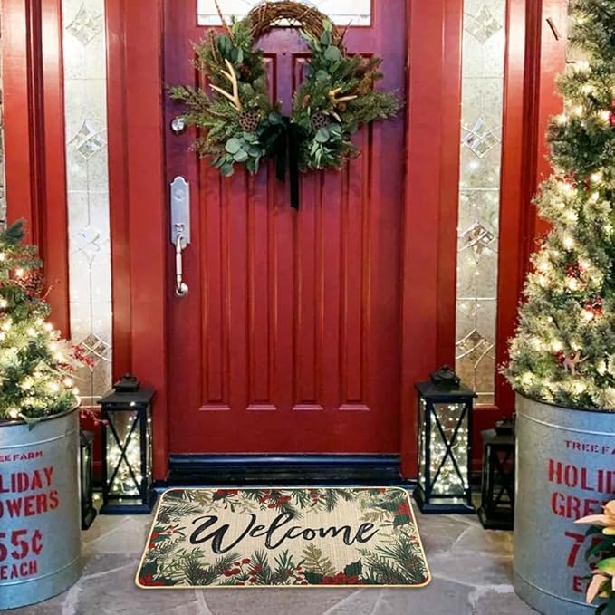 Christmas Welcome Doormat,Winter Christmas Outdoor Safflower Garden Rug Leaves Decor Floor Front Door Mat Non-Slip Entrance Mat for Home Kitchen Bathroom Decorations 17 X 29 Inch