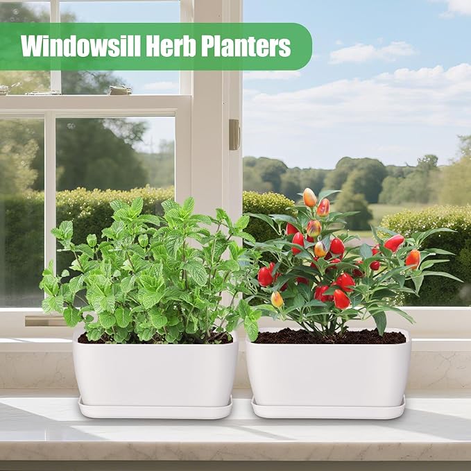 Herb Garden Planter Set, Plastic Plant Pots with Drainage and Saucer, Indoor Succulent Cactus Vegetable Pot for Windowsill, Garden Balcony, Green, Set of 6