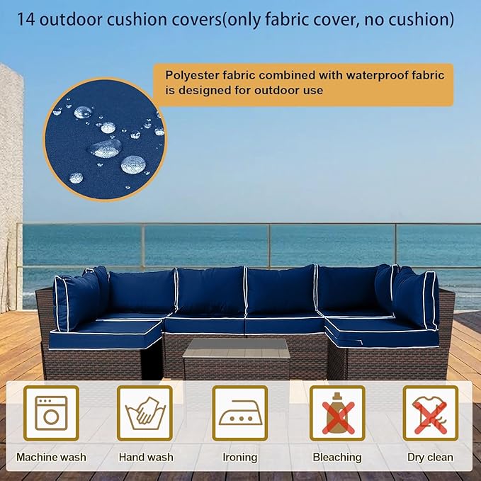 Outdoor Cushion Covers for Patio Furniture, Patio Cushion Covers Replacement with Zipper, Waterproof & Fade Resistant,Only Cover (Blue+White Side, 25.6Lx25.6Wx4H - Only Covers)