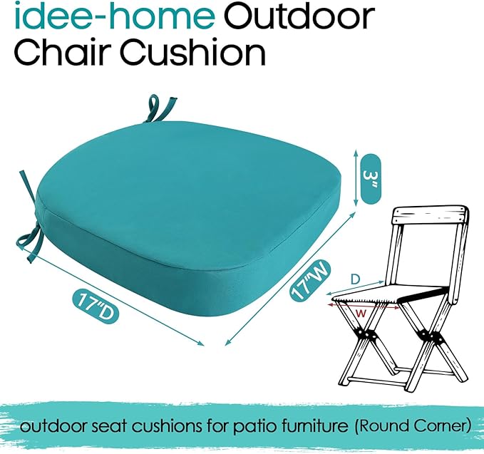 idee-home Outdoor Chair Cushions Set of 2, 17" x 17" x 3" Thick D-Shaped Patio Furniture Outdoor Seat Cushions Waterproof with Ties, Dining Pads