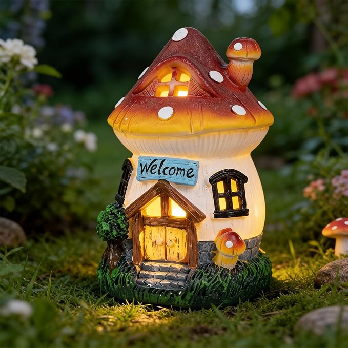 Garden Outdoor Figurines Statue with Solar Lights,Solar Mushroom House Decorations for Yard Outdoor Garden, Patio Yard Lawn, Gifts for Girls Birthday Housewarming Mother's Day (Mushroom House)