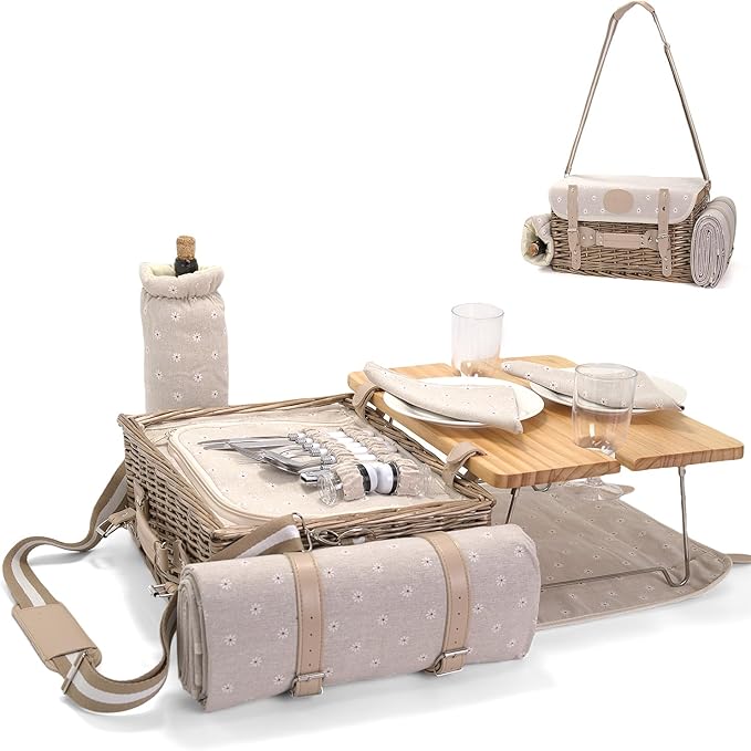 Multifunctional Wicker Picnic Basket Set for 2 with Blanket and Picnic Table, Insulated Picnic Set with Full Tablewares for Camping Outdoor Couples, Flowers
