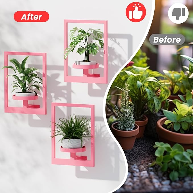 Wall Shelves for Plants, Hanging Frame Decor Planter for Indoor Plants, Wall Plant Holder for Living Room/Entryway/Garden Flower Pot Holder Free Garden Shears (Square-Pink, 2pcs)