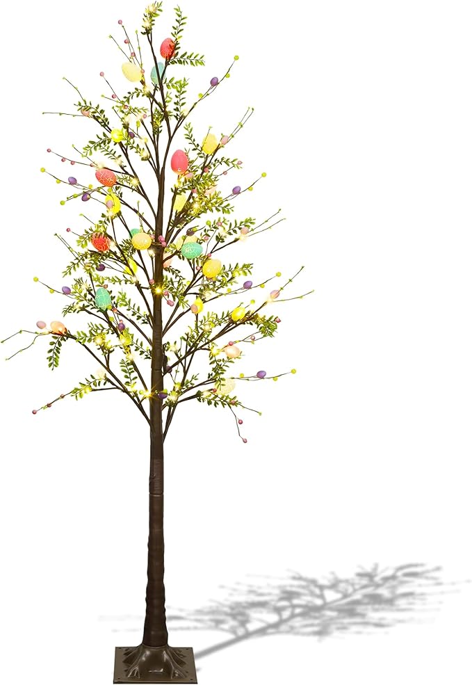 DR.DUDU 6FT Lighted Easter Tree with Timer, Large Easter Decorations for Home & Outdoor Porch, Pre-Lit Egg Trees with LED Lights & Colorful Eggs for Spring Party Office Decor