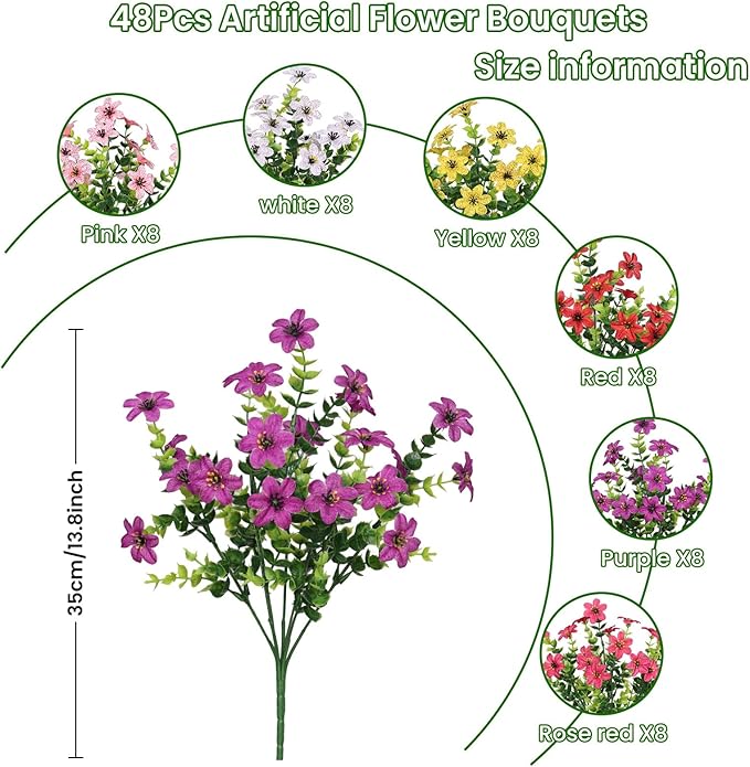 SHareconn 48 Bundles Artificial Flowers for Outdoors Spring Decoration, Fake Silk Realistic Faux Plants UV Resistant for Outside Planter Porch Patio Summer Indoor Decor, RedRose PurpleYellowPinkWhite