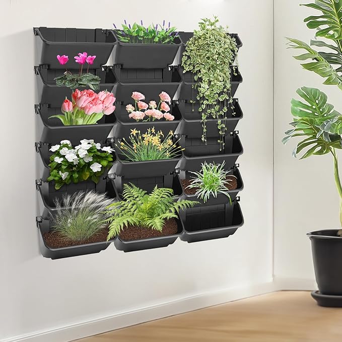 Eapmic Vertical Wall Planter with 18 Pots, Hanging Garden Plant Flowerpot Holder, Stackable Wall-Mounted Planter, Balcony Planters for Flowers Vegetables Fruits (Black, 18 Pots)