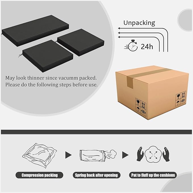 3 Pack Outdoor Replacement Cushions,36L x 18W x 3H,18L x 18W x 3H inch, High-Elastic Replacement Sponge for 4-Seater Water-Resistant Patio/Sofa with Removable Covers (Black)