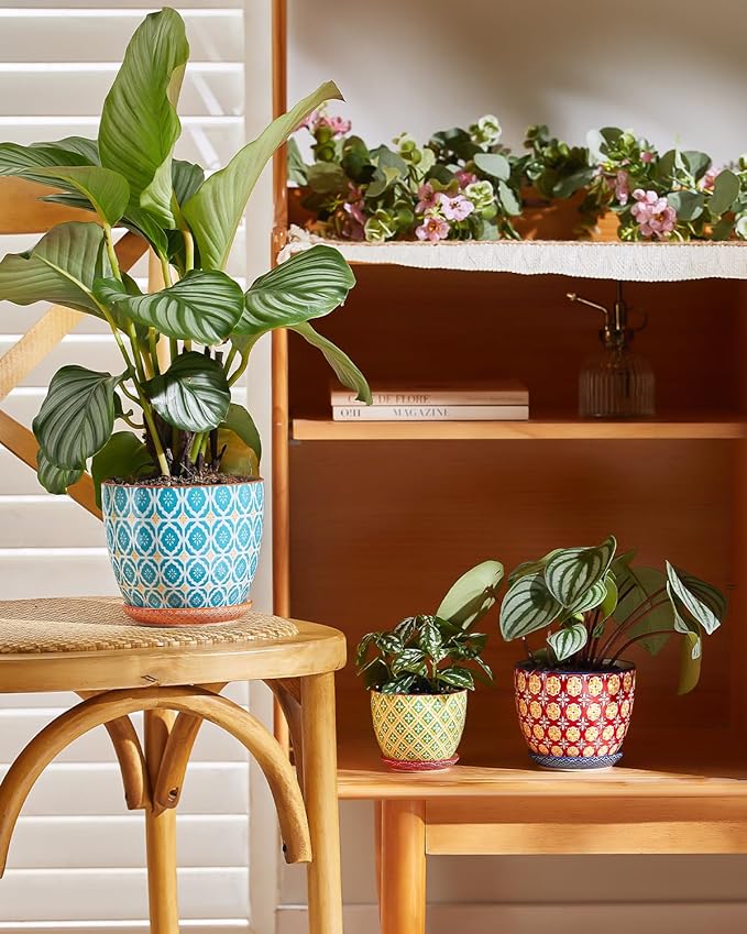 Ceramic Plant Pots, 4.9 Inch Flower Pots with Drainage Hole & Saucer, Colorful Planter Pots for Houseplants, Succulent, Catus, Home Decor, Set of 4, Vibrant Colors