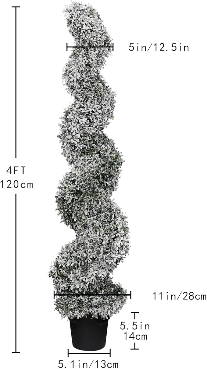 THE BLOOM TIMES 4ft Snow Flocked Spiral Topiary Trees Artificial Outdoor Set of 2, 48" Faux Fake Boxwood Plants for Front Porch Planter, Indoor or Covered Outside Display Christmas Decor 4 Foot