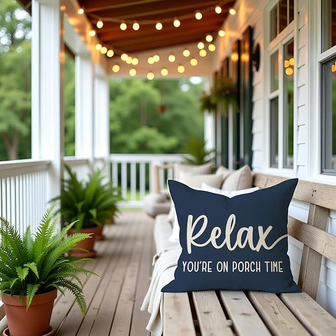 PANDICORN Decorative Throw Pillow Covers 18x18 Inch Relax Porch Time Blue Outdoor Rustic Farmhouse Decorations Pillow Decorative Throw Pillows Cases Cushion Covers for Porch Couch Sofa Decor