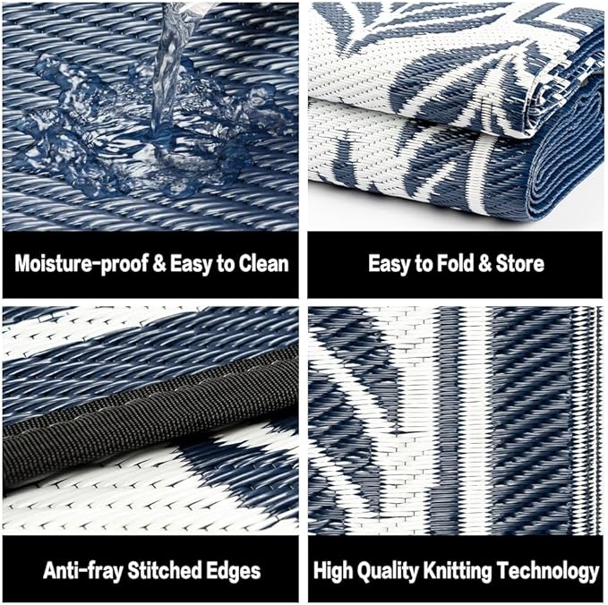 HUGEAR Outdoor Plastic Straw Rug, Waterproof Mat, Washable Large Floor Mat and Rug for Outdoors, RV, Beach, Patio, Camping, Backyard, Deck, Picnic, Outside (6x9ft,Olive-Leaf/Dark Blue&White)